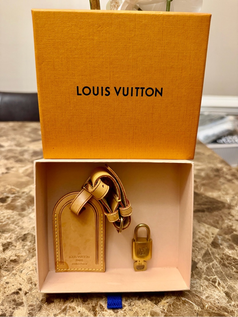 Louis Vuitton Gold Brass Padlock with Key & Vachetta Leather Luggage Tag w/ Box